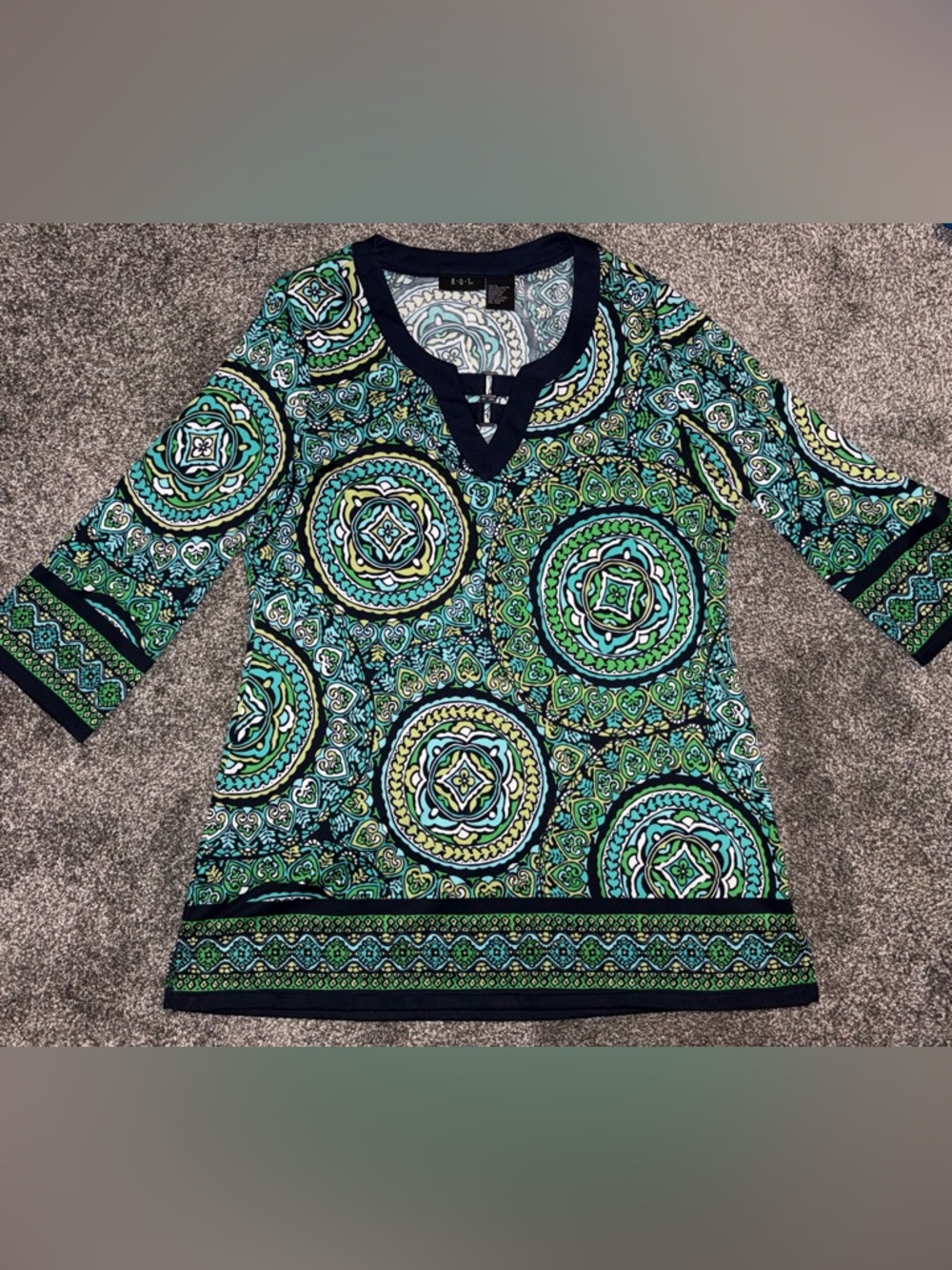 RQT Green Blue Geometric Knit V-Neck 3/4 Sleeve Tunic Top L